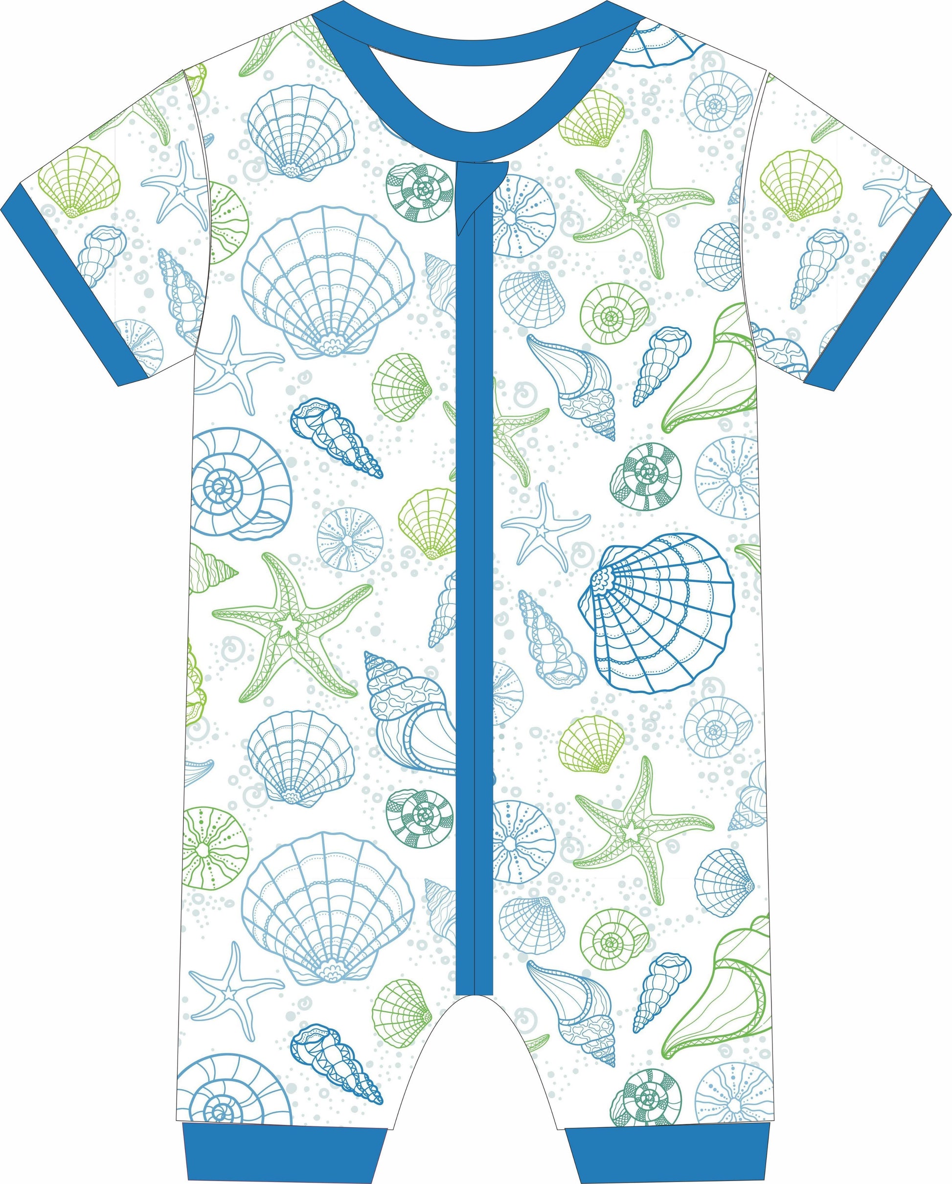 Children's jammies with sea shell and starfish pattern on a white background