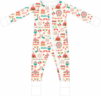 Children's jammies with circus-themed pattern on a white background