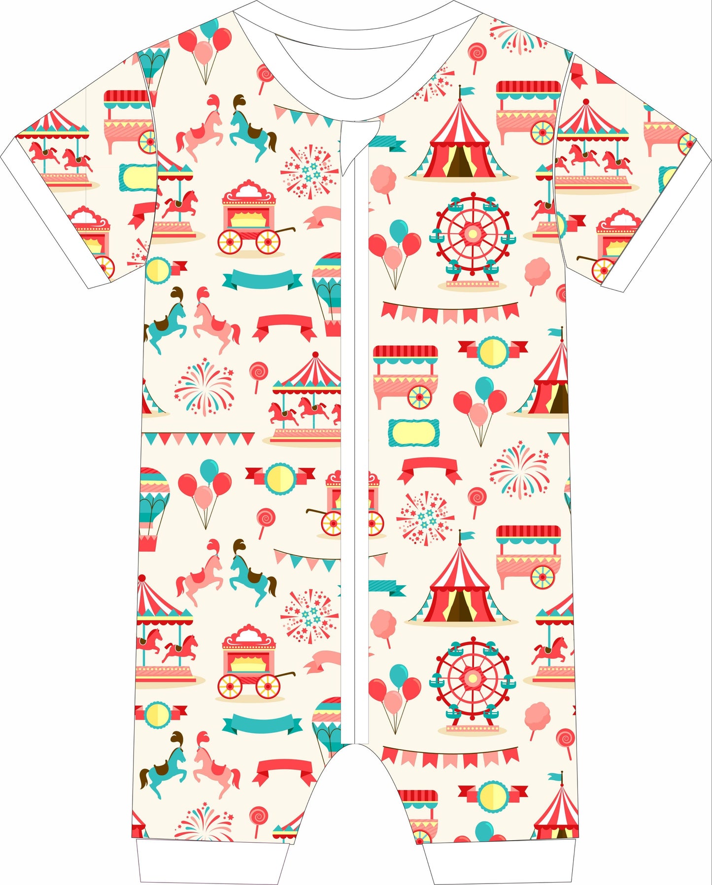 Children's jammies with a colorful circus-themed pattern on a white background