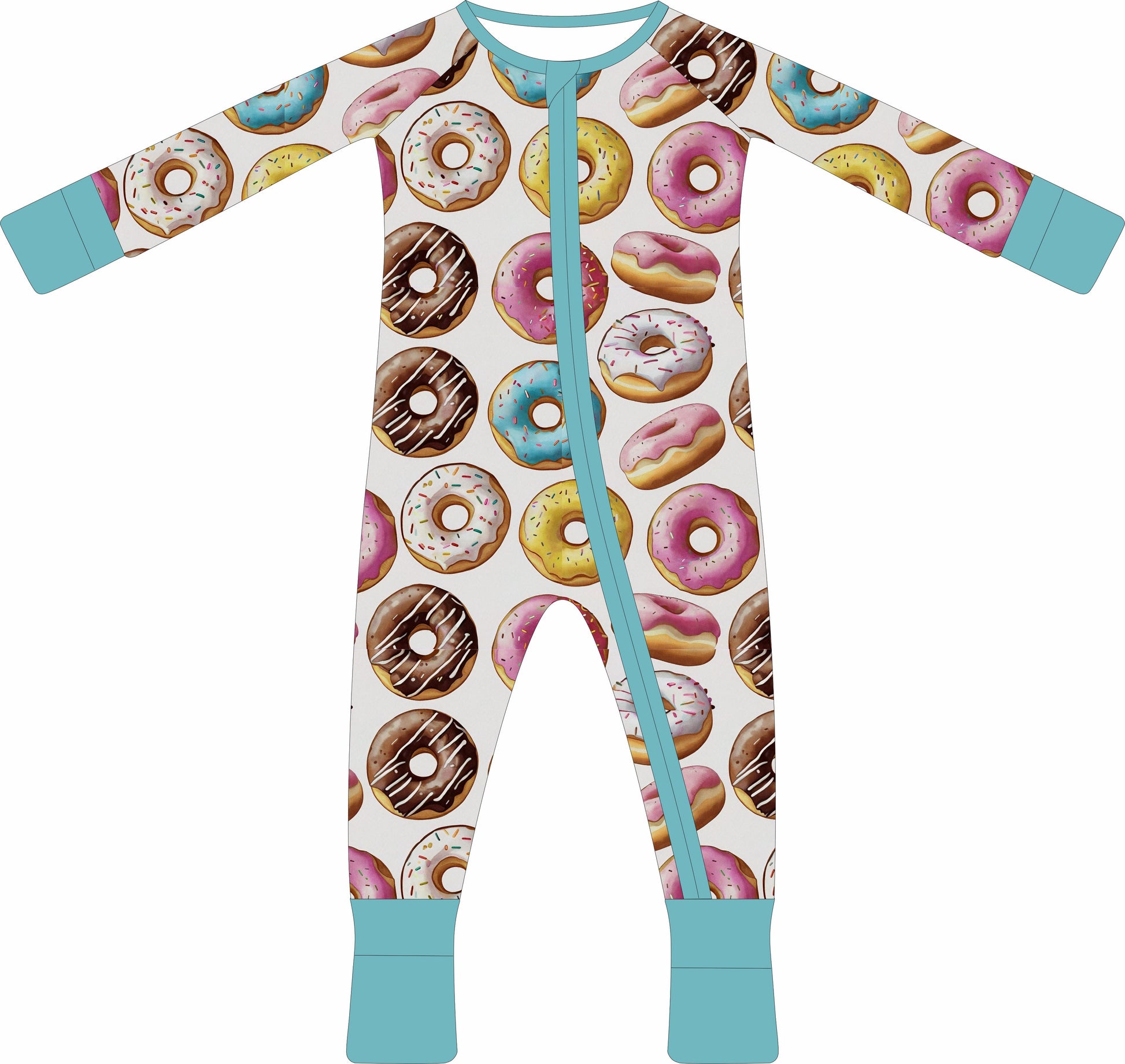 Children's jammies with donut pattern and turquoise accents on a white background