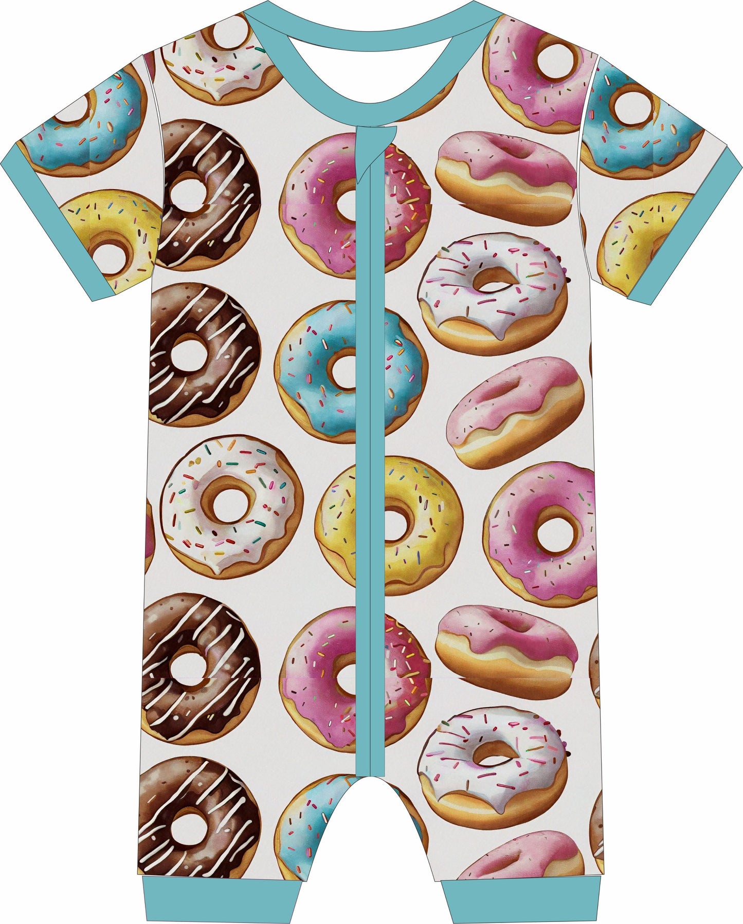 Baby jammies with colorful donut pattern on a white background