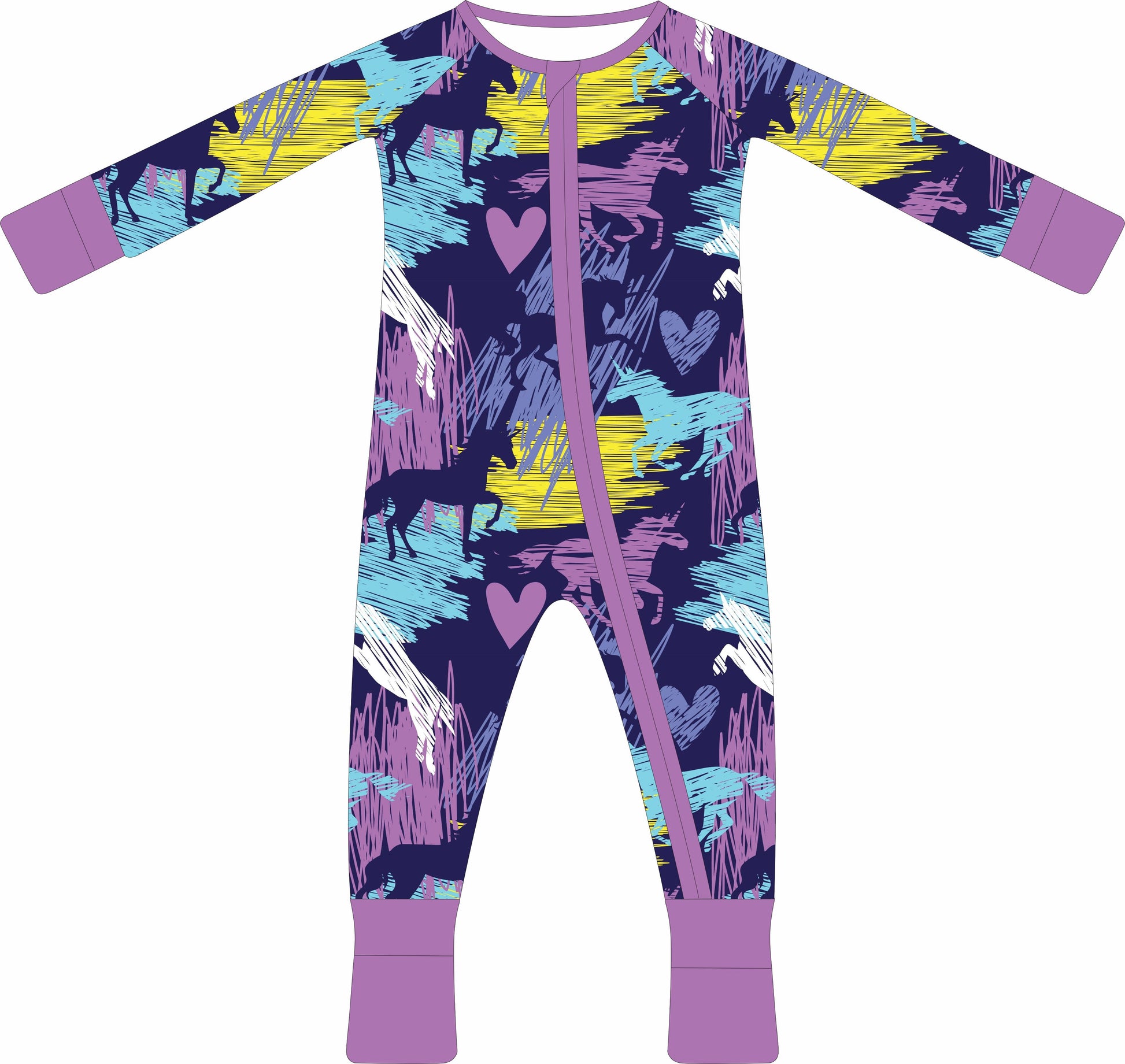 Colorful children's jammies with abstract patterns on a white background