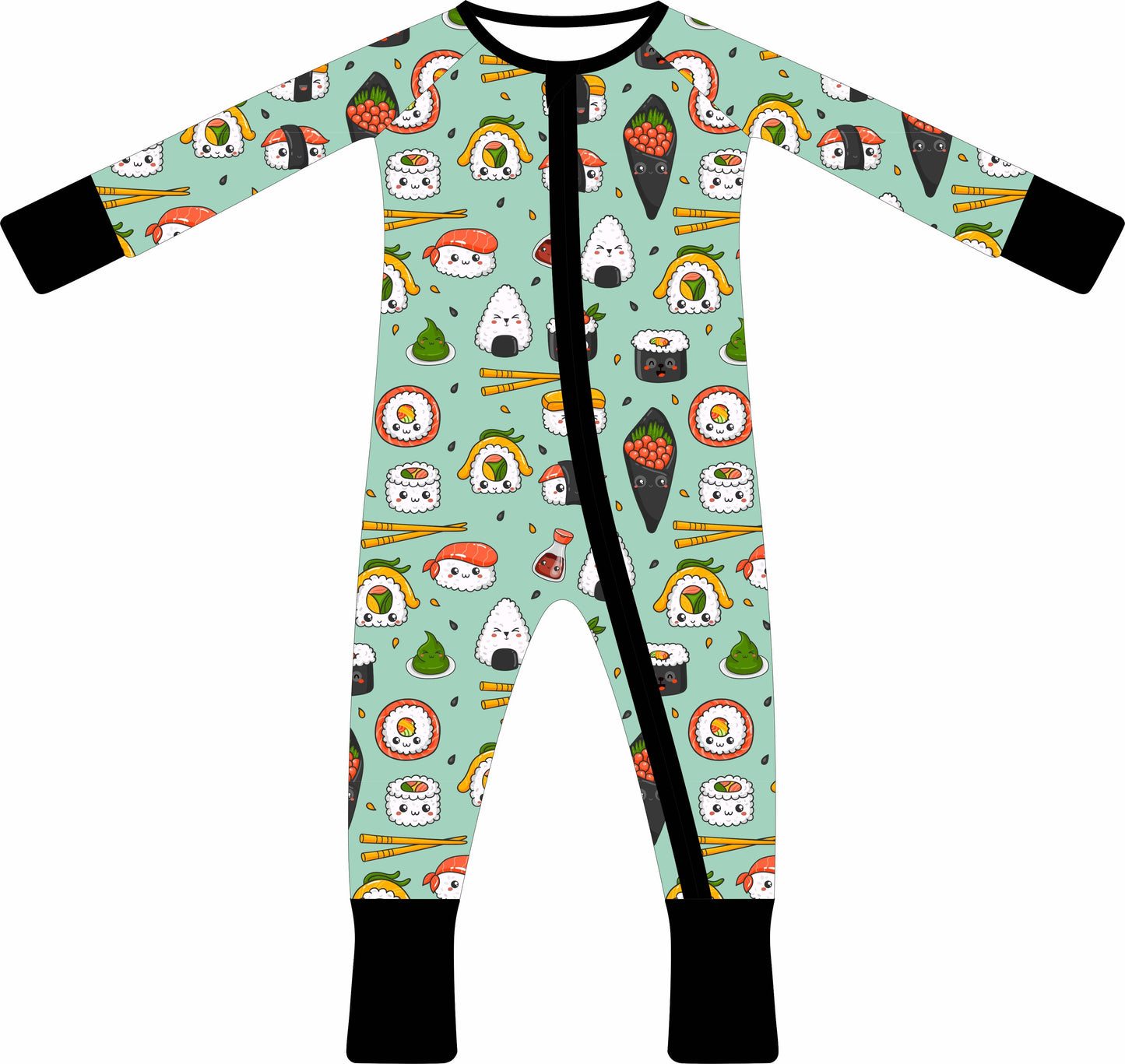 Children's jammies with sushi pattern on a light blue background