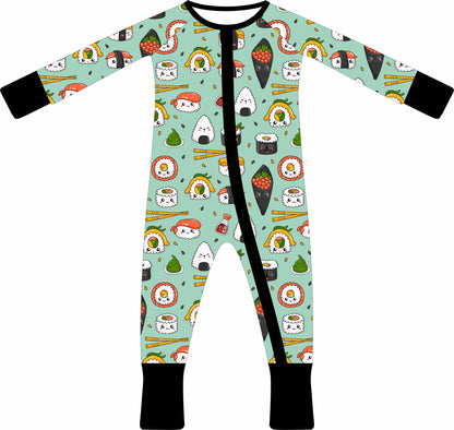 Children's jammies with sushi pattern on a light blue background