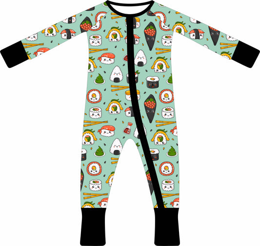 Children's jammies with sushi pattern on a light blue background