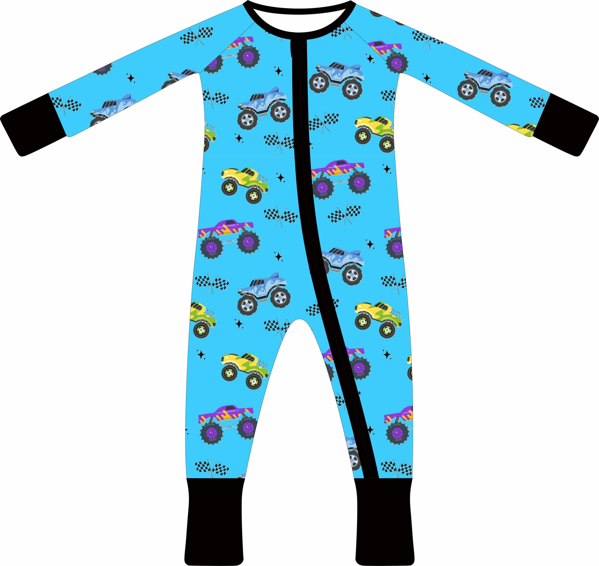 Children's jammies with monster truck pattern on a blue background