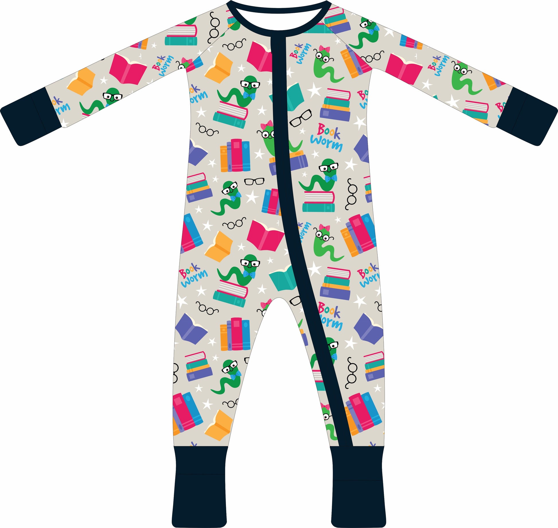 Children's jammies with bookworm design on a white background