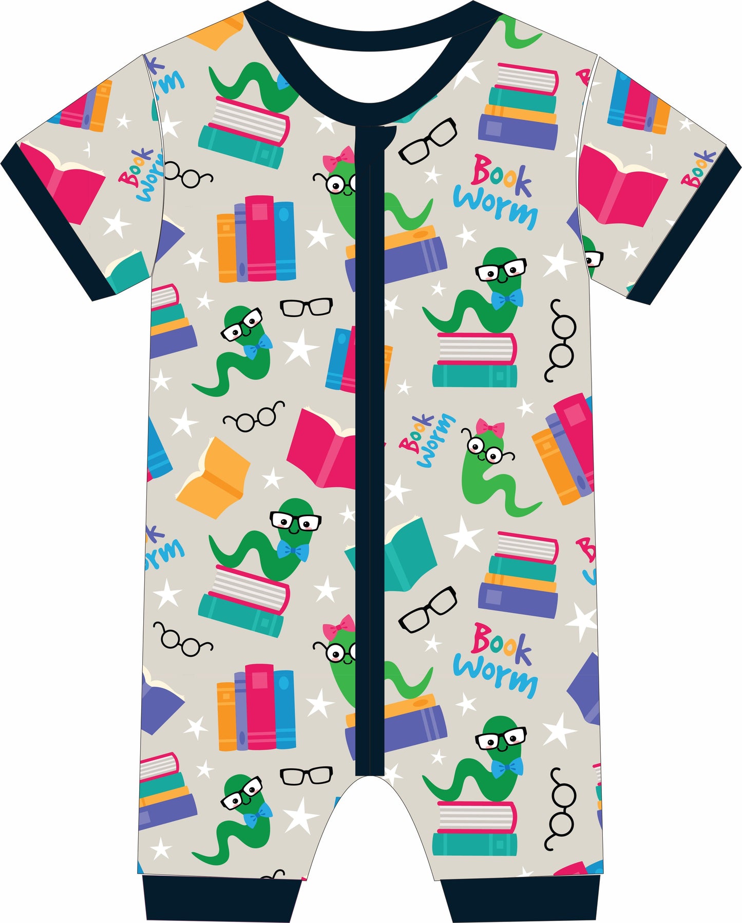 Children's jammies with book-themed design on a light gray background