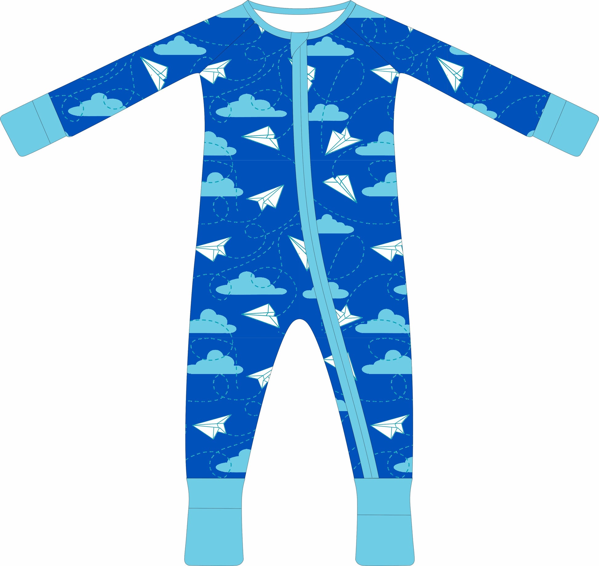 Children's jammies with airplane and cloud pattern on a blue background