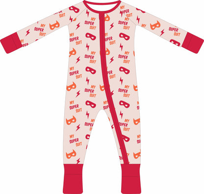 Children's jammies with superhero-themed print on a white background