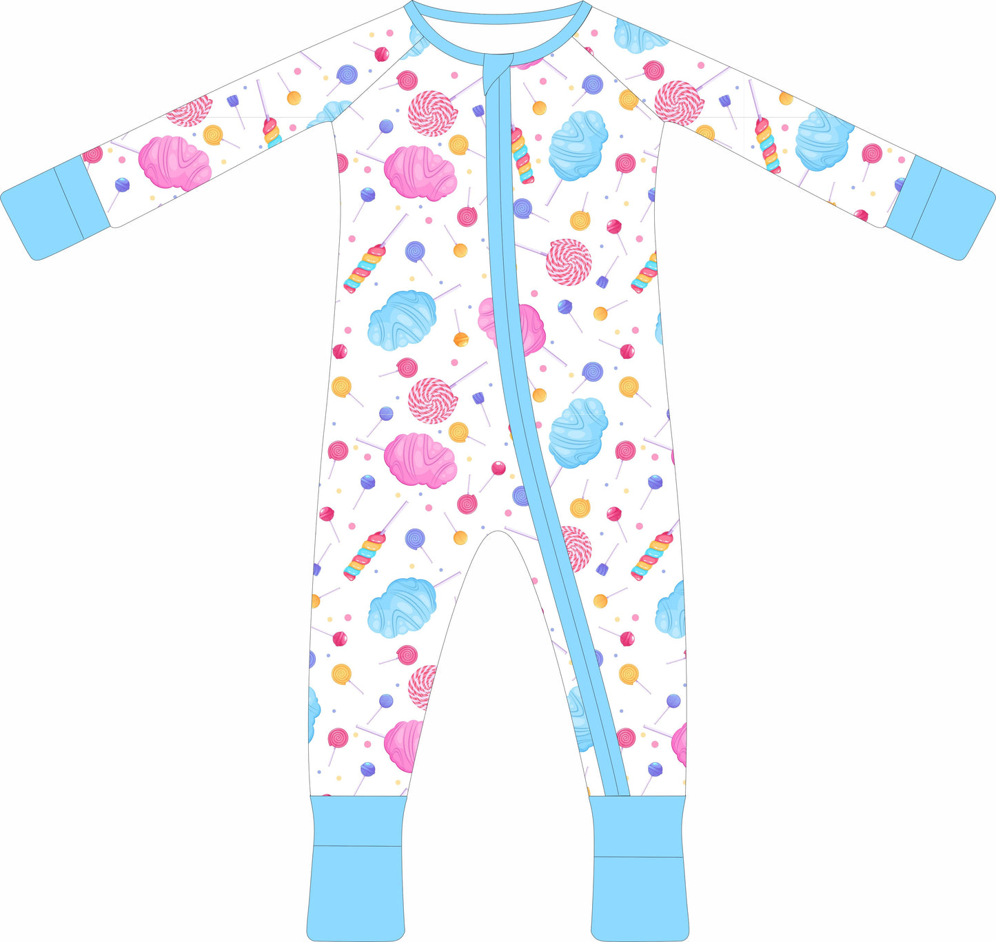 Colorful baby jammies with candy-themed design on a white background