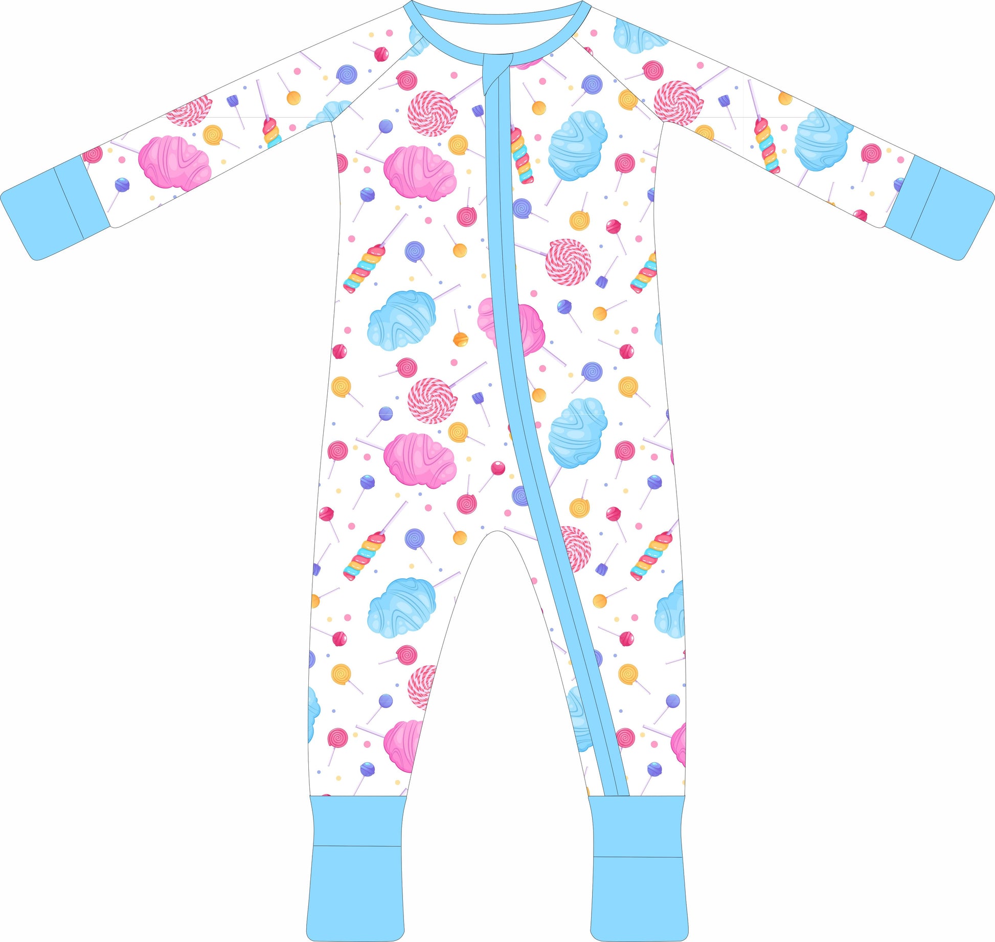 Colorful baby jammies with candy-themed design on a white background