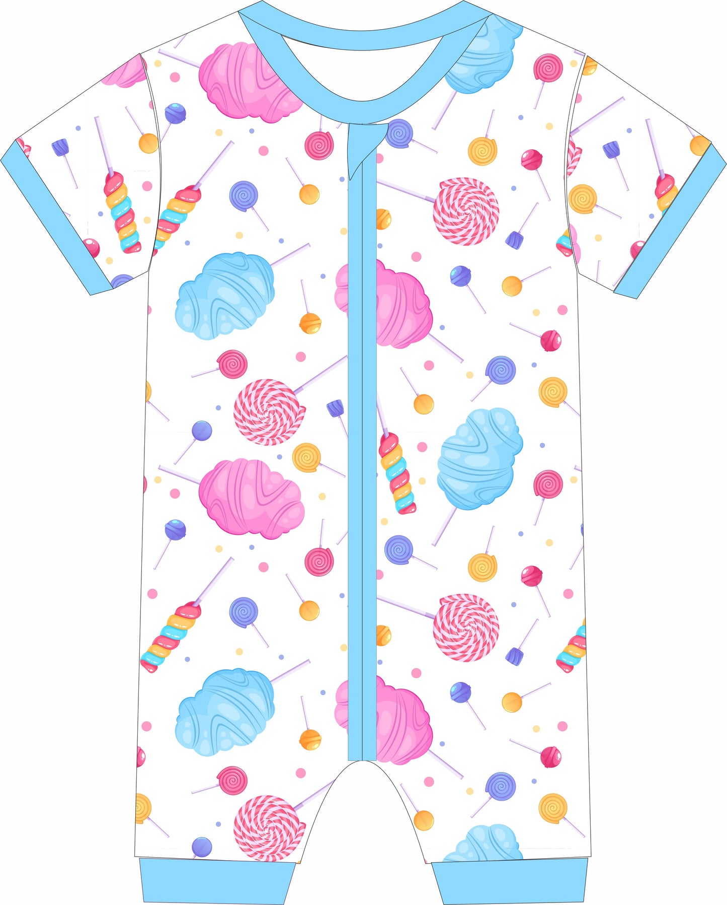 Children's jammies with colorful candy-themed design on a white background