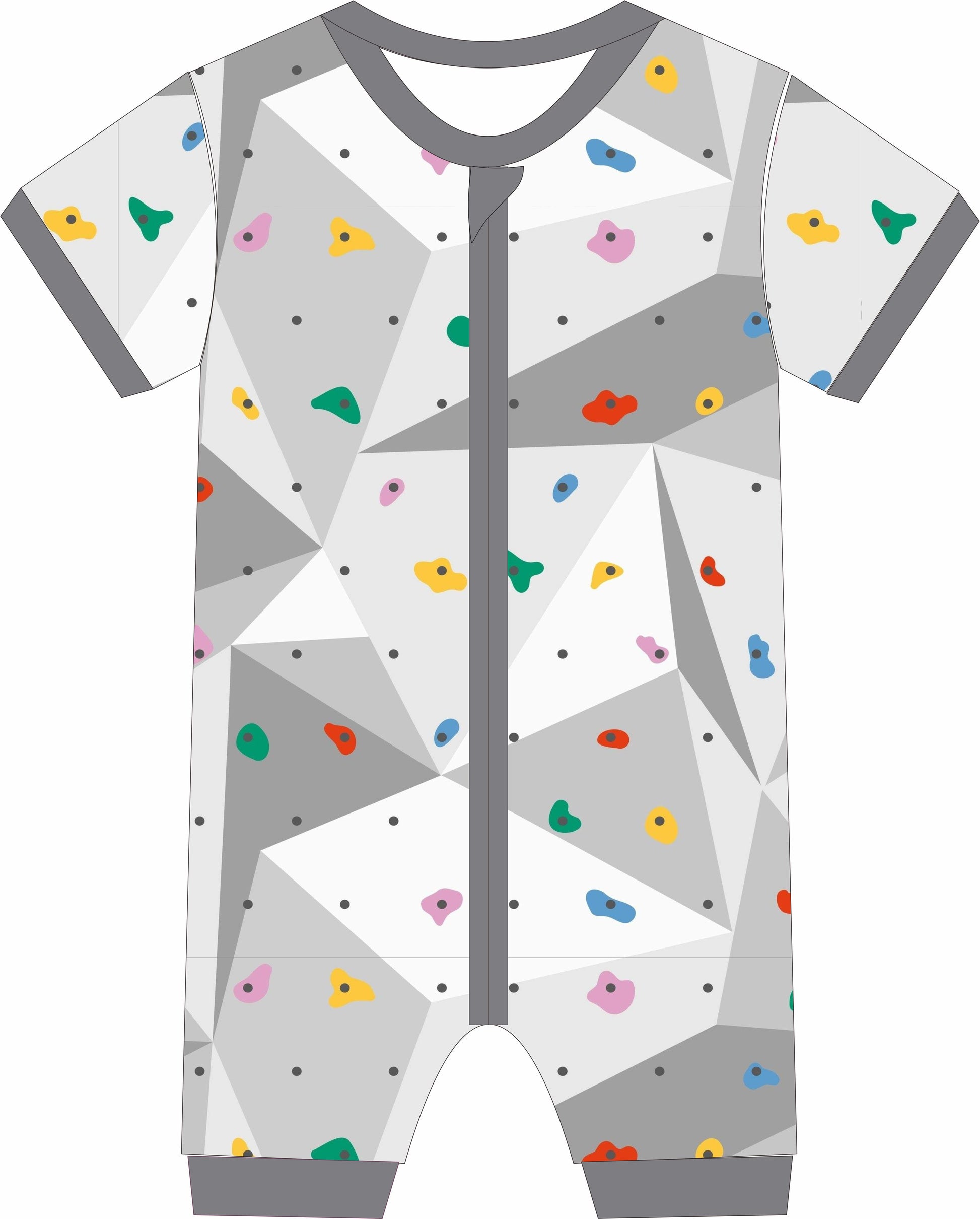Baby Jammies with geometric pattern and colorful shapes on a white background