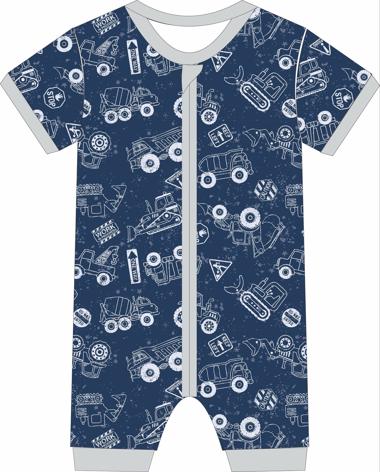 Children's jammies with construction vehicle pattern on a blue background