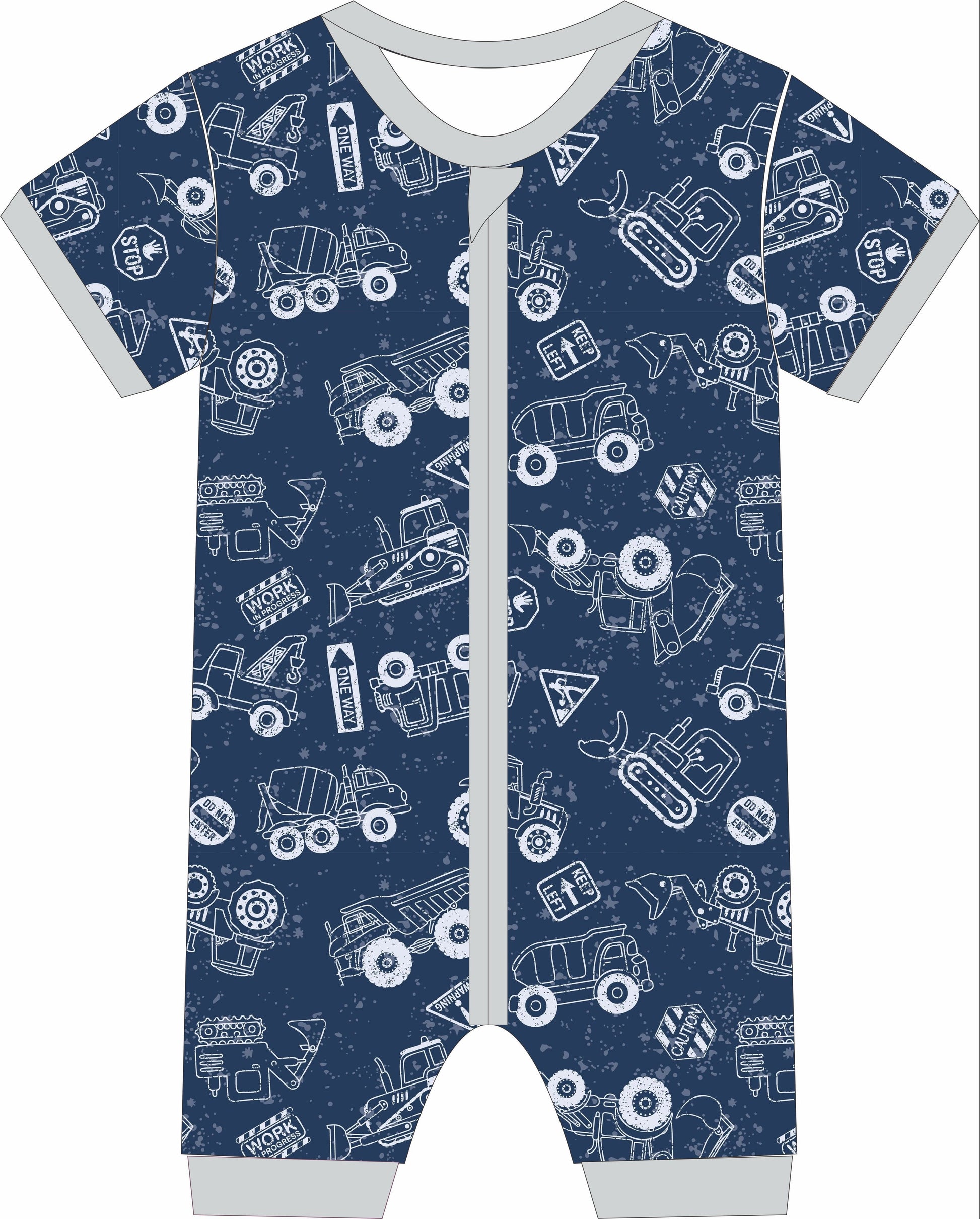 Children's jammies with construction vehicle pattern on a blue background